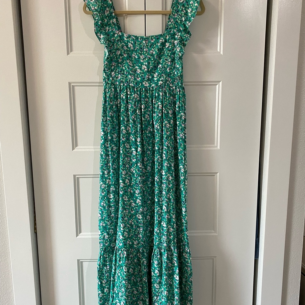 Floral Green Square Neck, Flutter sleeve, Maxi Dress
